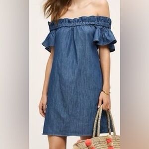 Anthropologie Off Shoulders Corey Lynn Calter Blue Chambray Dress Size XS